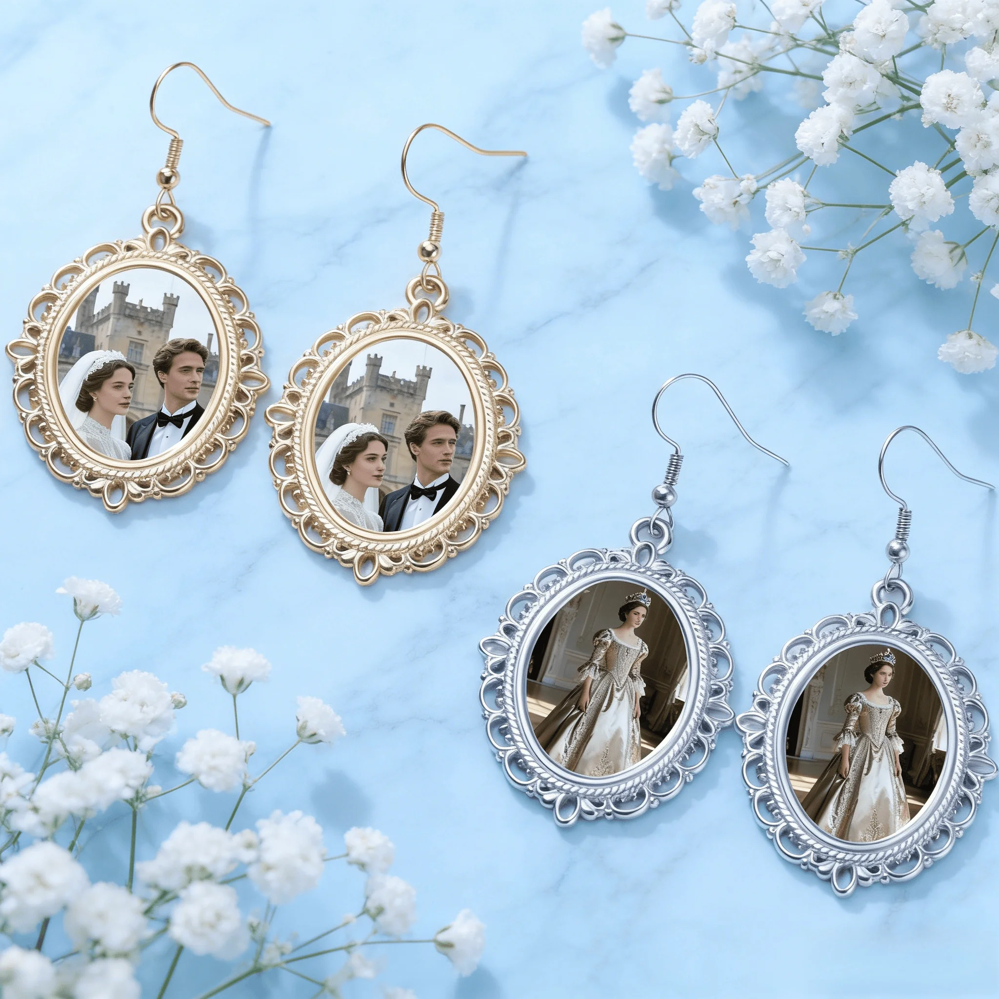 Customized photo hollowed out pattern oval pendant earrings stainless steel personalized image earrings Valentine's Day gift thumbnail 2
