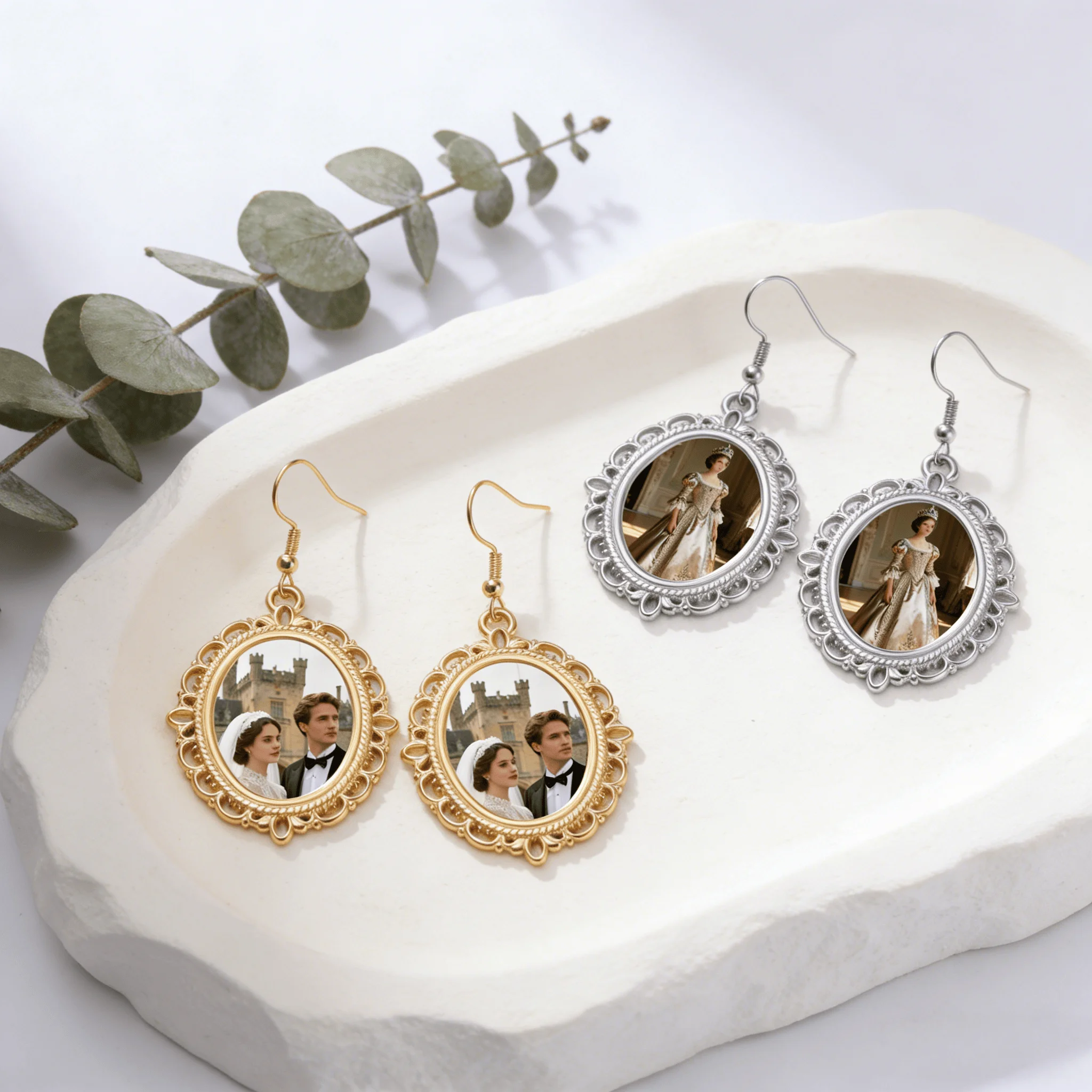 Customized photo hollowed out pattern oval pendant earrings stainless steel personalized image earrings Valentine's Day gift thumbnail 5
