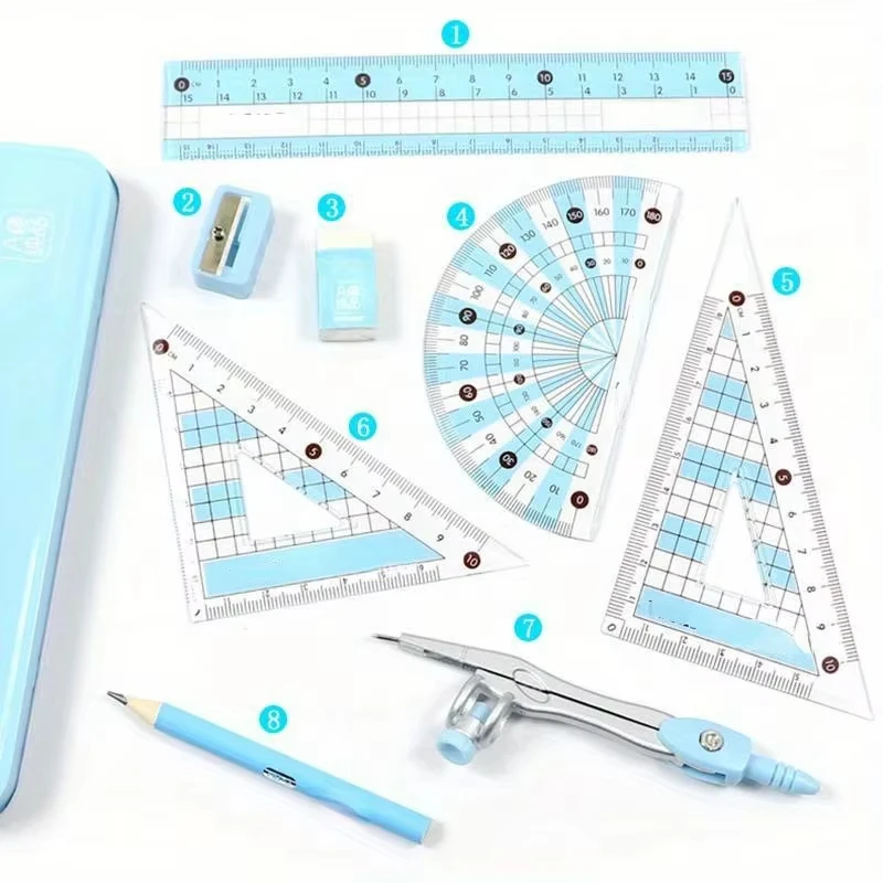 8Pcs/Set Geometry Math Drawing Stationery Set, Ruler Compass Pencil Kit for Students, School Supplies Gift for Boys & Girls thumbnail 5