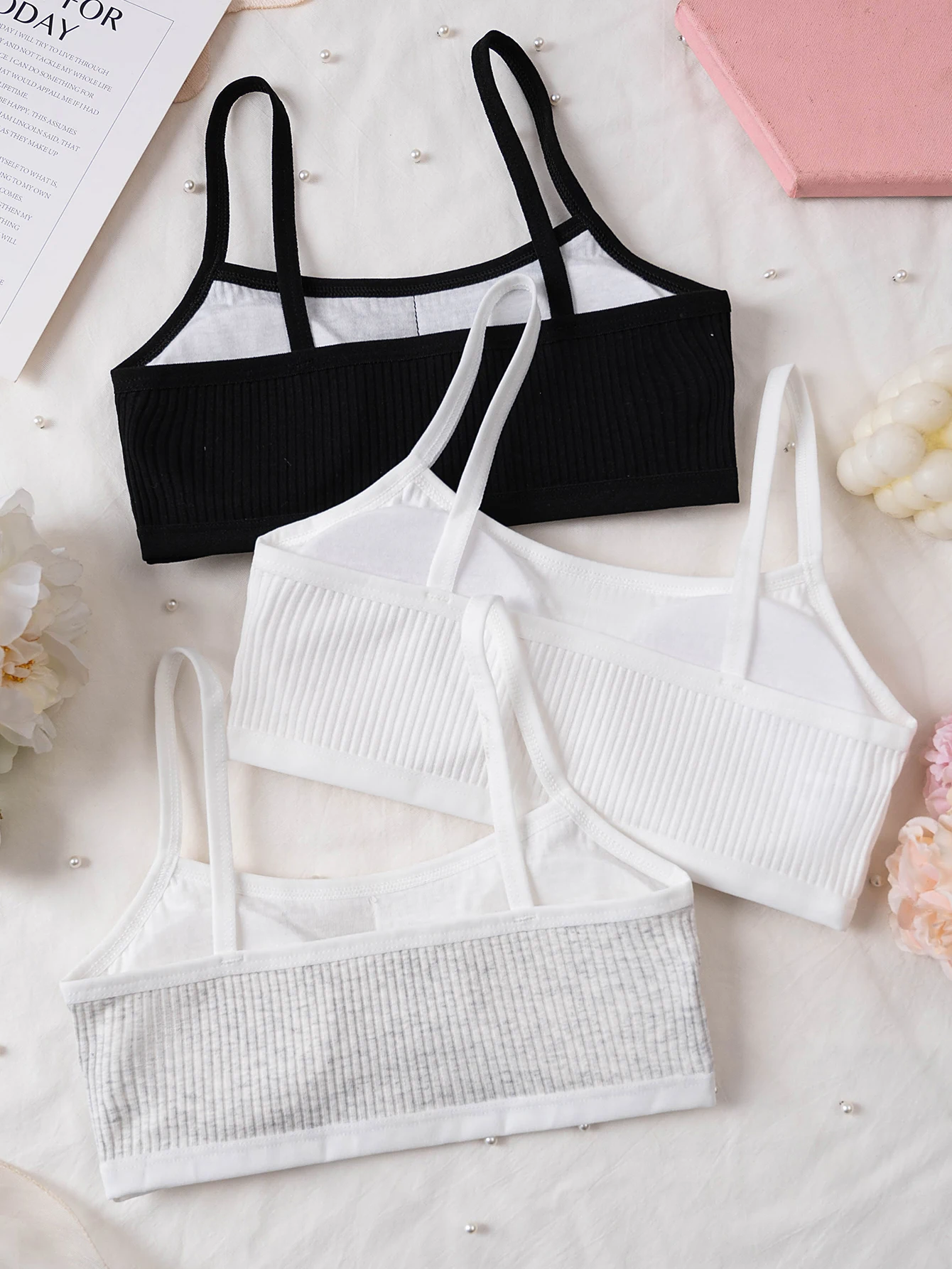 3 pcs girls' training bras, ribbed underwear, comfortable and skin-friendly, with removable pads, wireless, suitable for devel thumbnail 2