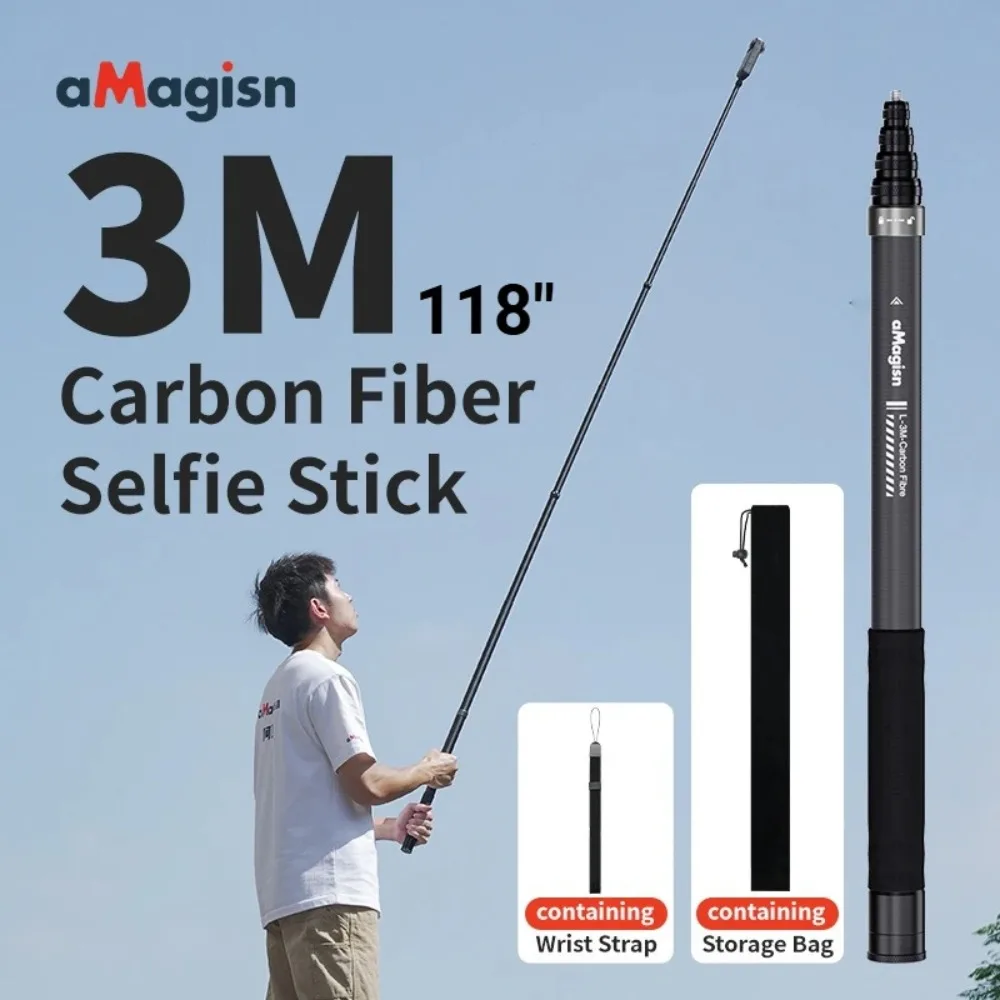 aMagisn 3M / 1.2M Invisible Selfie Stick Carbon Fiber Extended Freely Retractable For Gopro Max / Insta360 X3 X4 X5 /DJI Osmo360