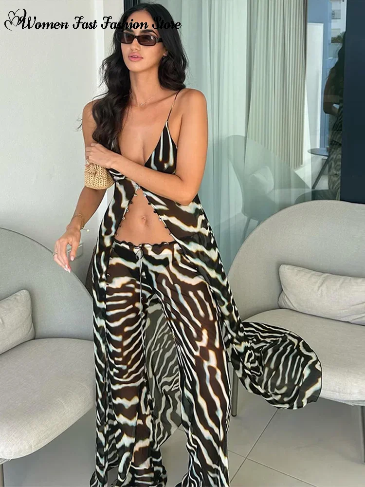 Slim Print Tank Top Trousers Set Women's V-neck Single Breasted Long Sling Vests 2026 Summer New Lady Beach 2-pieces Outfits thumbnail 4