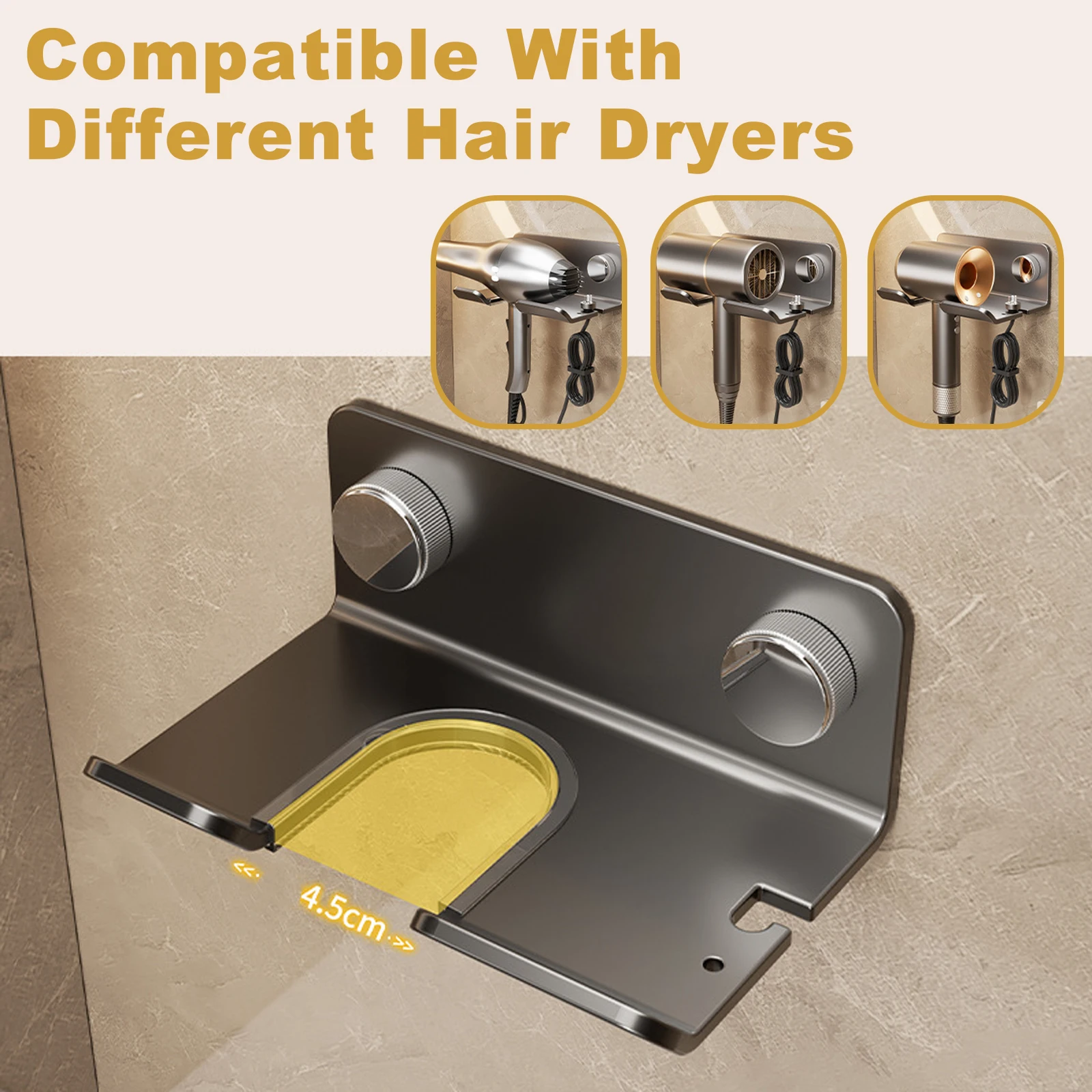 Patch-Type Adhesive Hair Dryer Holder Wall Mounted, Hair Straightener & Dryer Stand, Bathroom Organizer Shelves thumbnail 3
