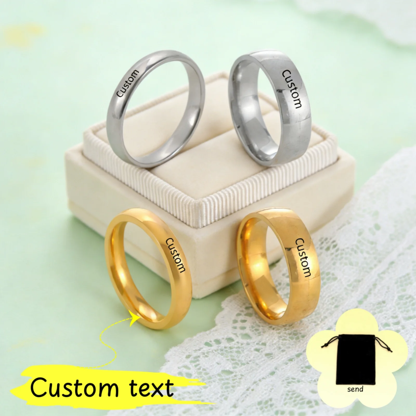 Customized Name Text Pure Smooth Surface Ring Stainless Steel 3.5mm/6mm Width Personalized Couple Ring Valentine's Day Gift