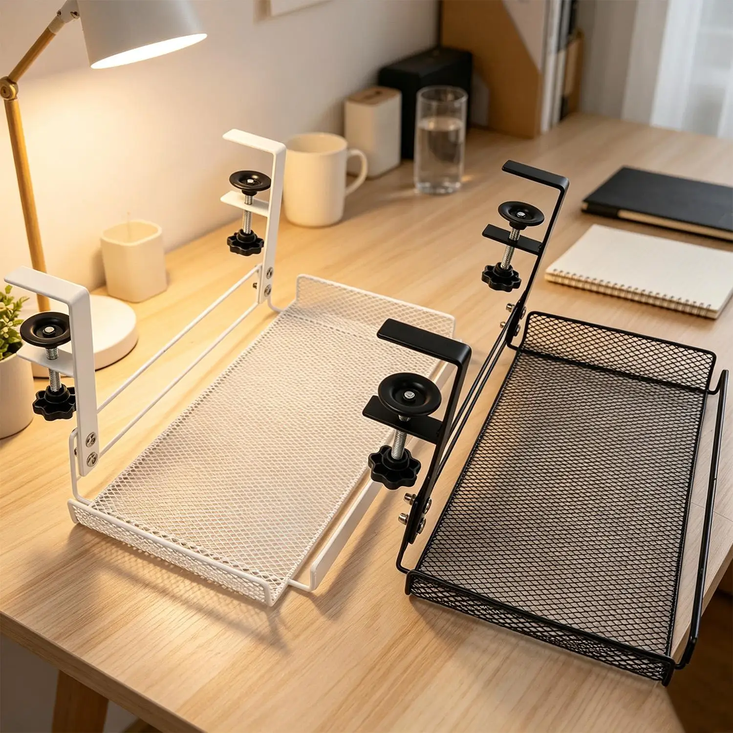 Punch-free Under Desk Wire Management Tray Under Desk Metal Cable Organizers for Home Office PC Router Holder No Drill Clamp thumbnail 3