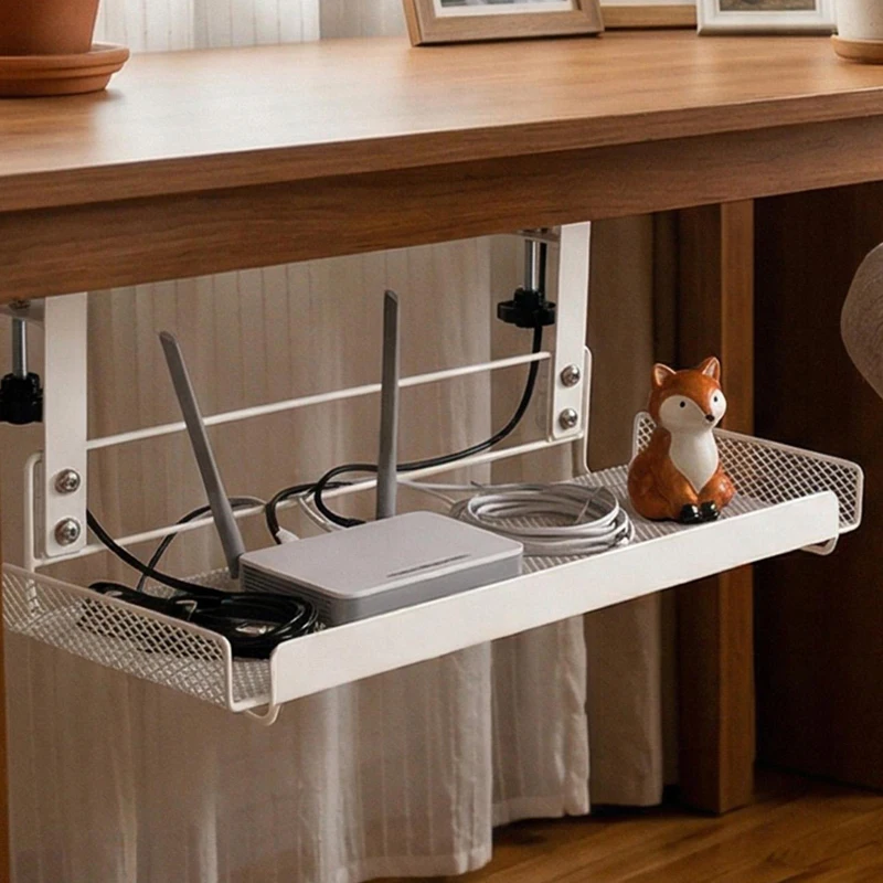 Punch-free Under Desk Wire Management Tray Under Desk Metal Cable Organizers for Home Office PC Router Holder No Drill Clamp