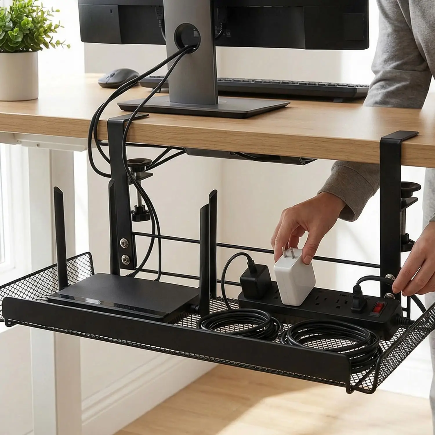 Punch-free Under Desk Wire Management Tray Under Desk Metal Cable Organizers for Home Office PC Router Holder No Drill Clamp thumbnail 2