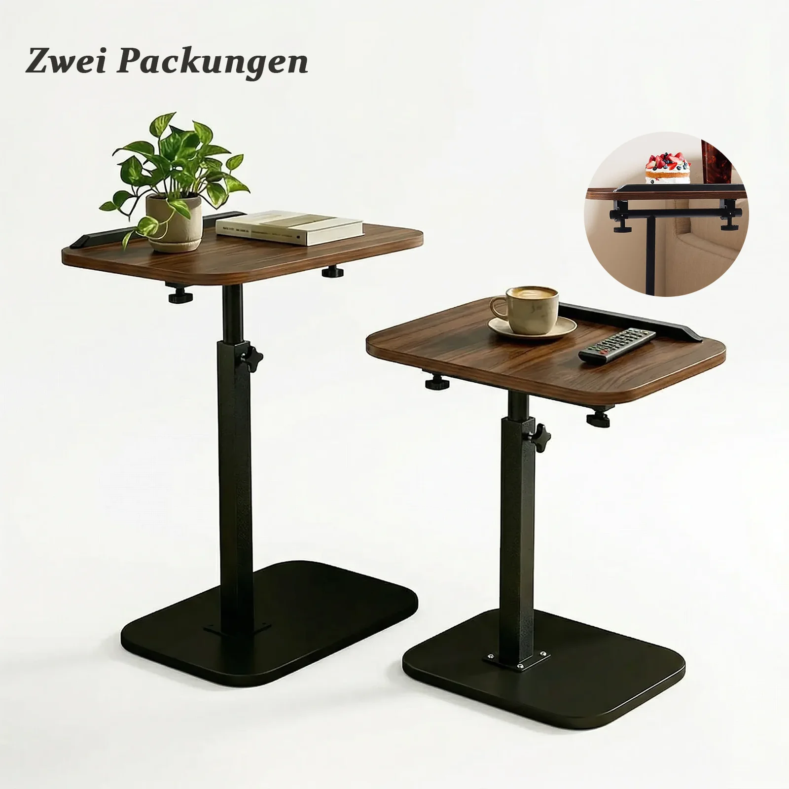 C Shaped Side Table, Height Adjustable 360° Swivel Laptop Desk with Wheels, Space Saving for Living Room Bedroom (Walnut)
