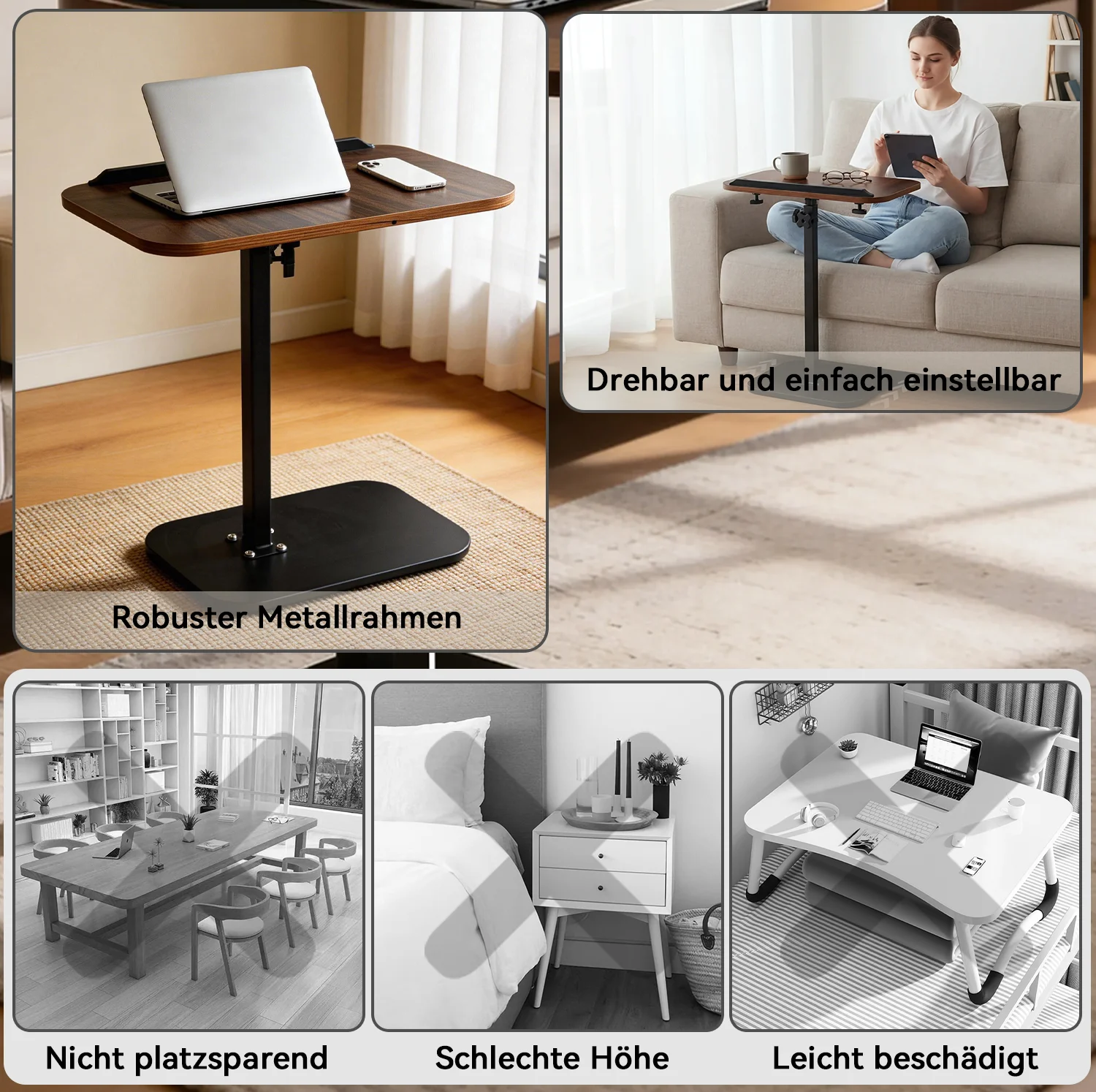 C Shaped Side Table, Height Adjustable 360° Swivel Laptop Desk with Wheels, Space Saving for Living Room Bedroom (Walnut) thumbnail 3