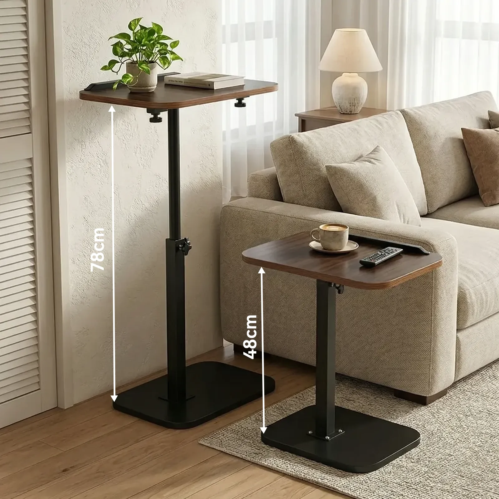 C Shaped Side Table, Height Adjustable 360° Swivel Laptop Desk with Wheels, Space Saving for Living Room Bedroom (Walnut) thumbnail 2