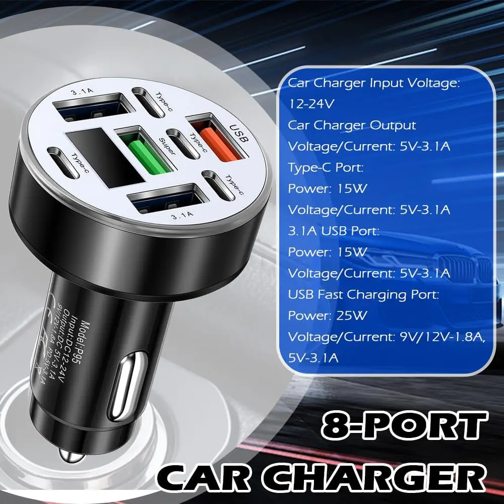 UYUXIO Multi Port USB C Car Charger Adapter 8 in 1 with Voltage Display Iight QC 4.0 PPS Super Fast Charge with Volt Meter thumbnail 3