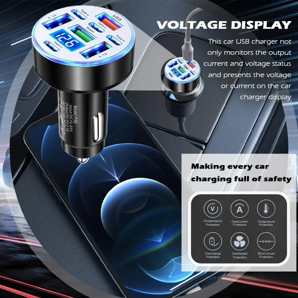 UYUXIO Multi Port USB C Car Charger Adapter 8 in 1 with Voltage Display Iight QC 4.0 PPS Super Fast Charge with Volt Meter thumbnail 6
