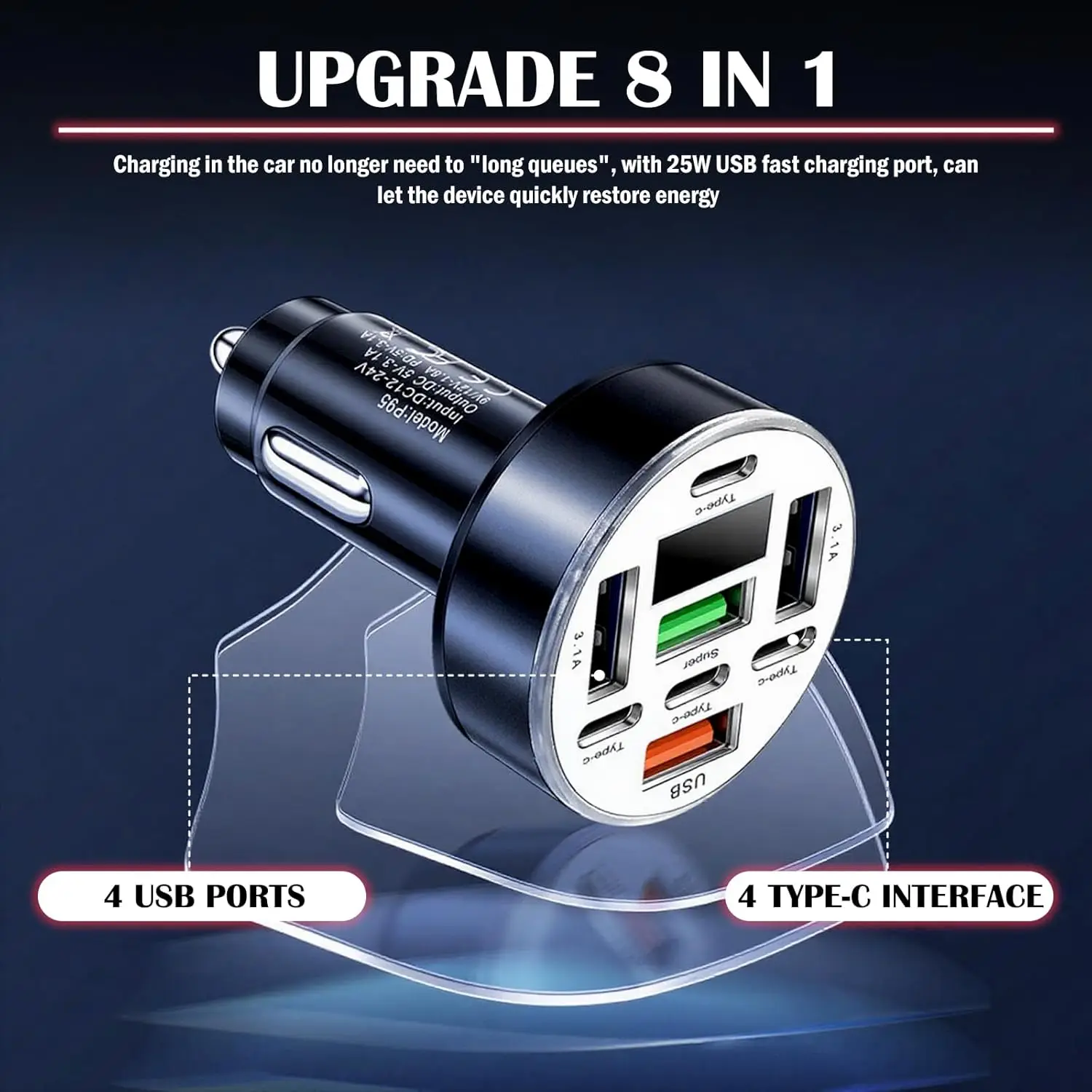 UYUXIO Multi Port USB C Car Charger Adapter 8 in 1 with Voltage Display Iight QC 4.0 PPS Super Fast Charge with Volt Meter thumbnail 2