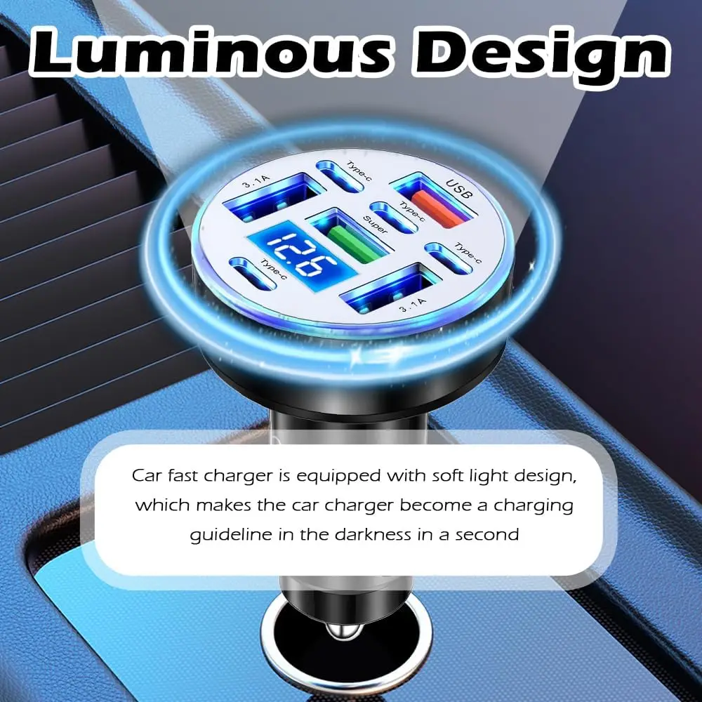 UYUXIO Multi Port USB C Car Charger Adapter 8 in 1 with Voltage Display Iight QC 4.0 PPS Super Fast Charge with Volt Meter thumbnail 5