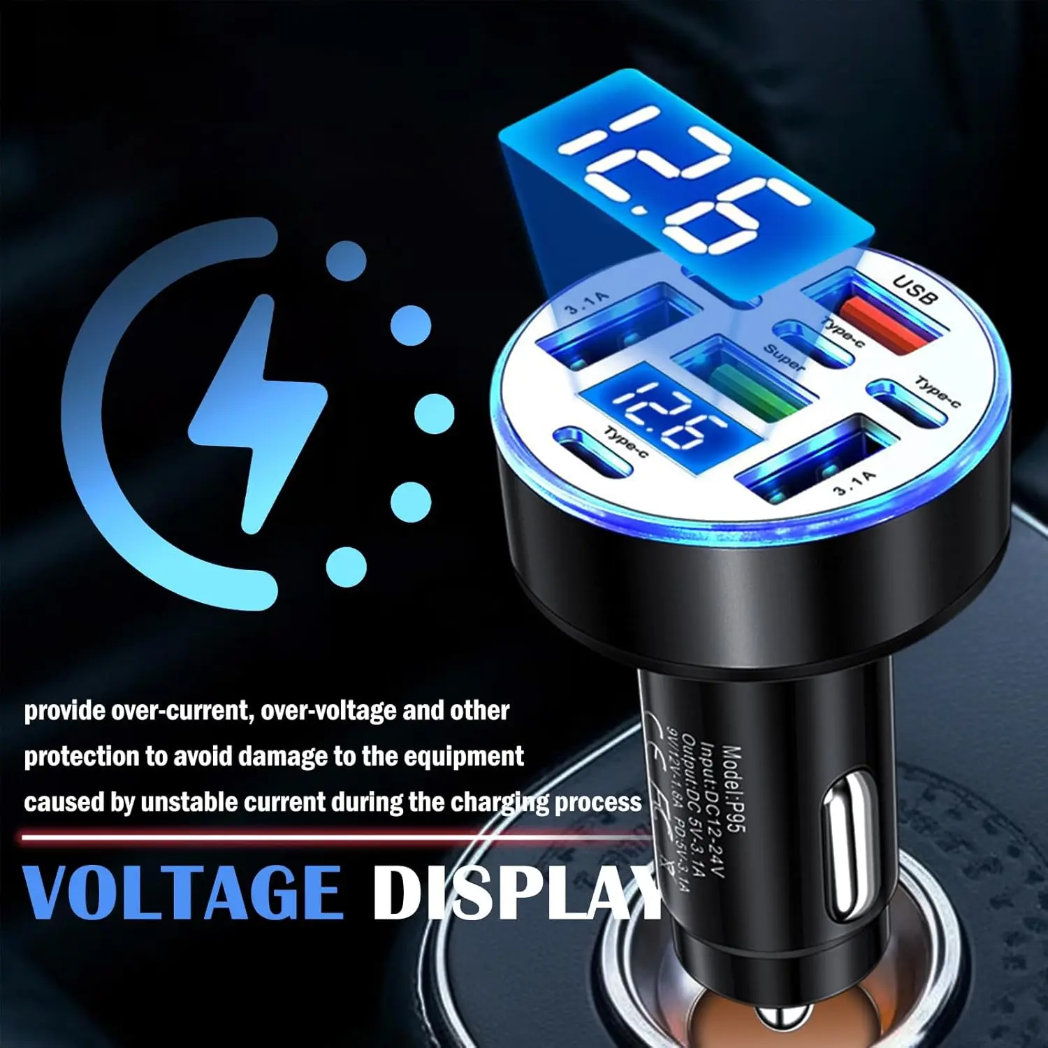 UYUXIO Multi Port USB C Car Charger Adapter 8 in 1 with Voltage Display Iight QC 4.0 PPS Super Fast Charge with Volt Meter thumbnail 4