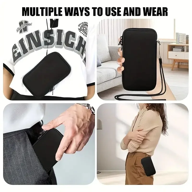 Neoprene Zipper Phone Pouch - Protective Sleeve Case for Various Smartphone Models, Black Travel Portable Storage Bag thumbnail 5