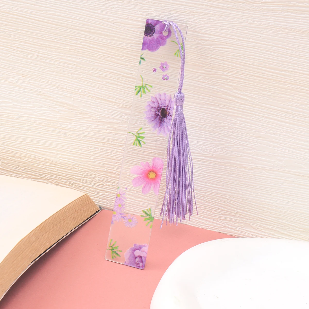 Acrylic transparent bookmark with tassel, multicolor floral pattern reading aid, page marker bookmark for books, school supplies thumbnail 3