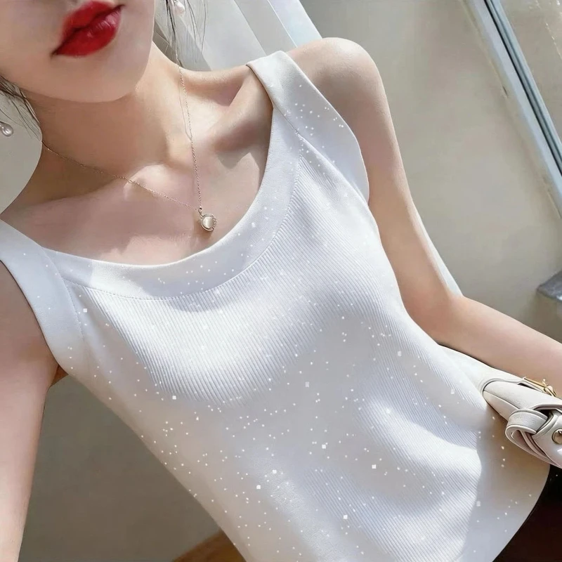 Women Clothing Ice Silk Simplicity Sleeveless Plus Size Sexy Tanks All-match Sequined Casual T Shirt Tops Fashion Trend Summer thumbnail 4