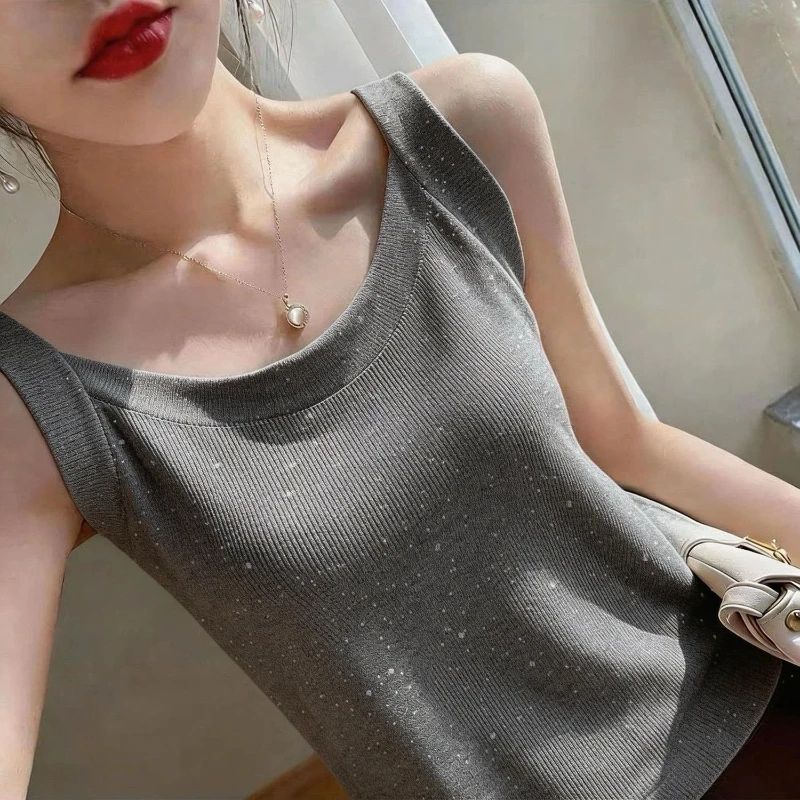 Women Clothing Ice Silk Simplicity Sleeveless Plus Size Sexy Tanks All-match Sequined Casual T Shirt Tops Fashion Trend Summer thumbnail 2