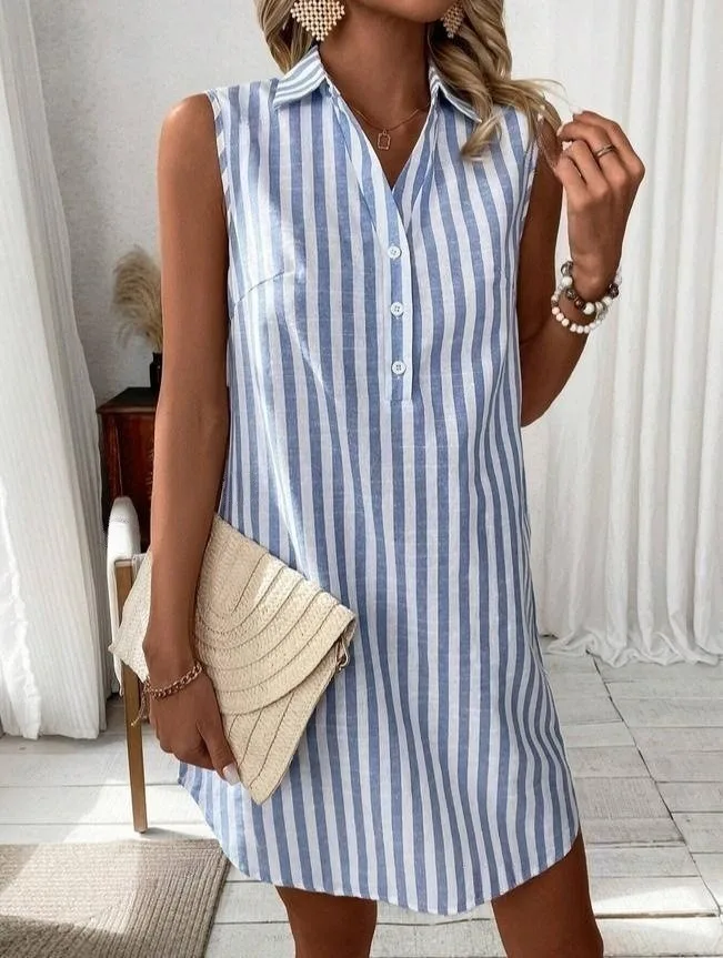 Women's Summer New Sleeveless V-Neck Button Striped Shirt Dress, Casual Short Daily Wear,  Comfortable Fashion