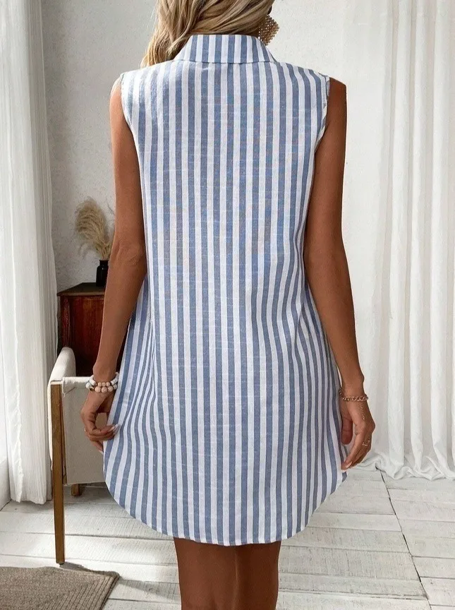 Women's Summer New Sleeveless V-Neck Button Striped Shirt Dress, Casual Short Daily Wear,  Comfortable Fashion thumbnail 2