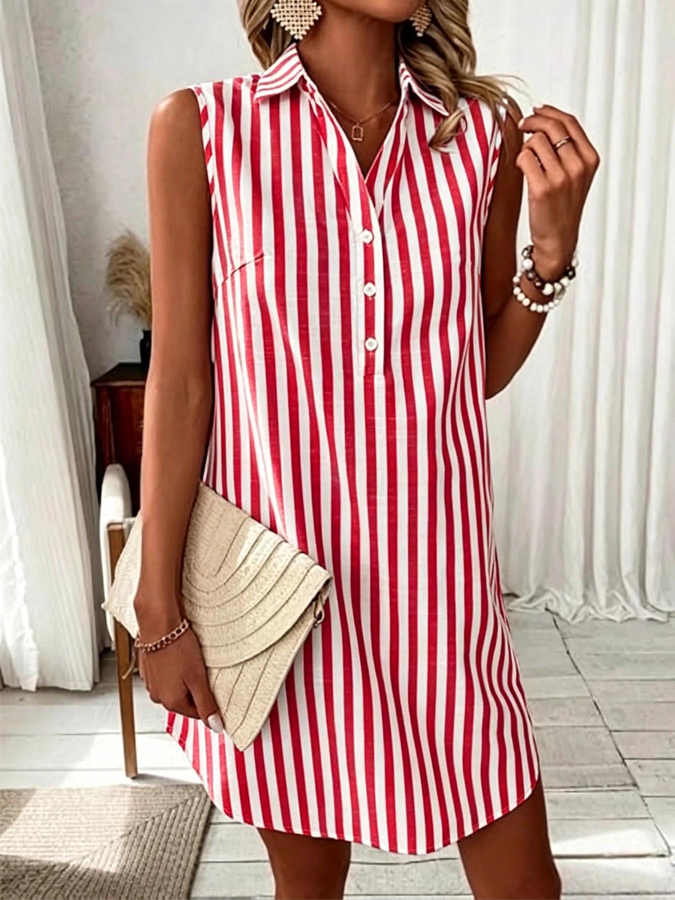 Women's Summer New Sleeveless V-Neck Button Striped Shirt Dress, Casual Short Daily Wear,  Comfortable Fashion thumbnail 3