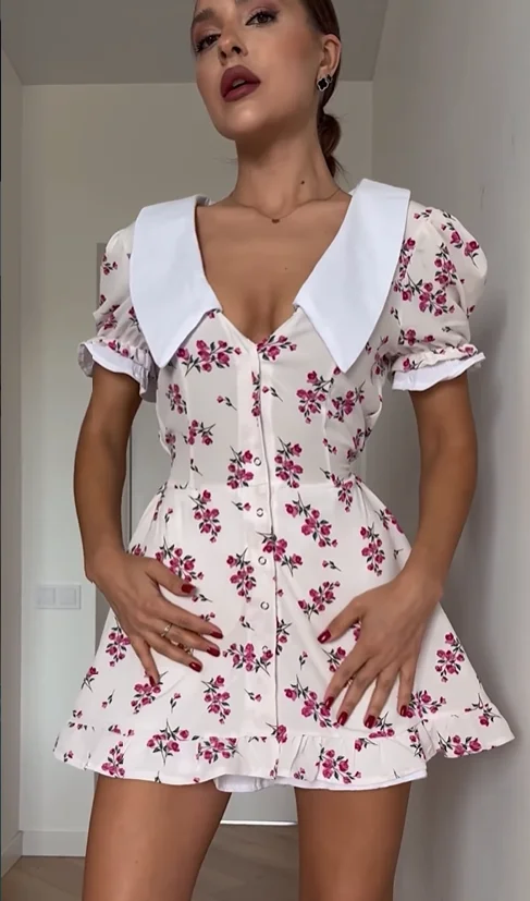 V-neck Peter Pan Collar Red Floral Print Puff Sleeve A-line Mini Dress High Waist Women's Casual Dresses 2026 Lady Date Vestidos thumbnail 5