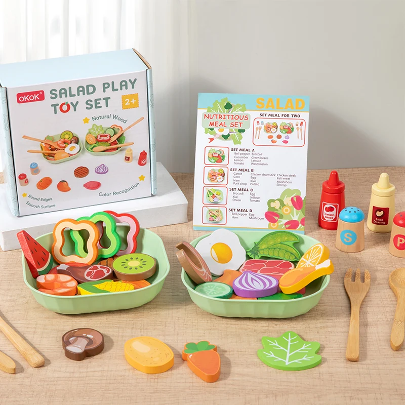 Wooden Simulation Salad Pretend Play Toy Set Simulation Food Accessories Cooking Play Kitchen Toy Game for Kids 2 Years Gift