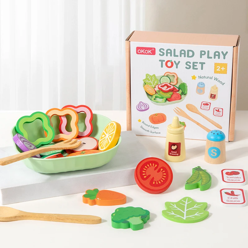 Wooden Simulation Salad Pretend Play Toy Set Simulation Food Accessories Cooking Play Kitchen Toy Game for Kids 2 Years Gift thumbnail 5