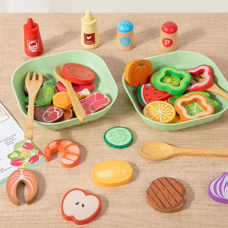Wooden Simulation Salad Pretend Play Toy Set Simulation Food Accessories Cooking Play Kitchen Toy Game for Kids 2 Years Gift thumbnail 2