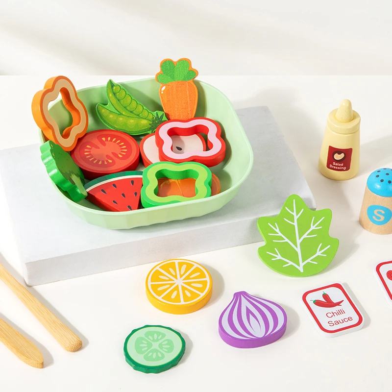 Wooden Simulation Salad Pretend Play Toy Set Simulation Food Accessories Cooking Play Kitchen Toy Game for Kids 2 Years Gift thumbnail 6