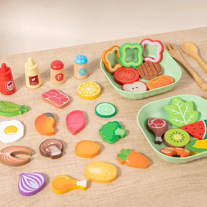 Wooden Simulation Salad Pretend Play Toy Set Simulation Food Accessories Cooking Play Kitchen Toy Game for Kids 2 Years Gift thumbnail 3