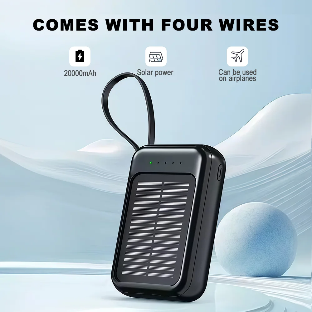 20000mAh Mini Solar Power Bank Built in 4 Cables  Portable External Battery Pack with  LED Light for Cell Phones thumbnail 3