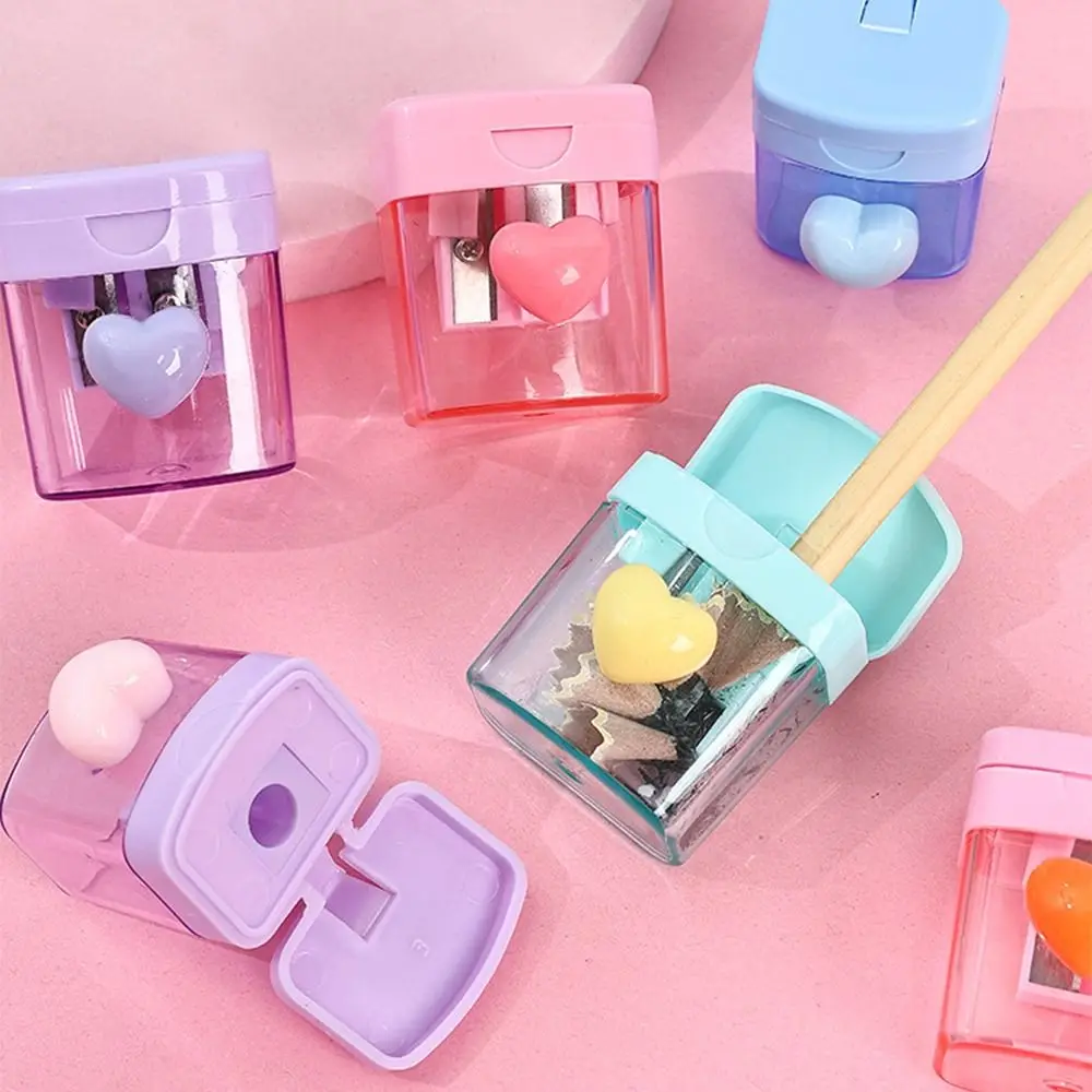 Cute 1/2 Holes Pencil Sharping Tools With Cover Transparent Pencil Sharpener Writing Heart Pencil Cutter Award Gifts