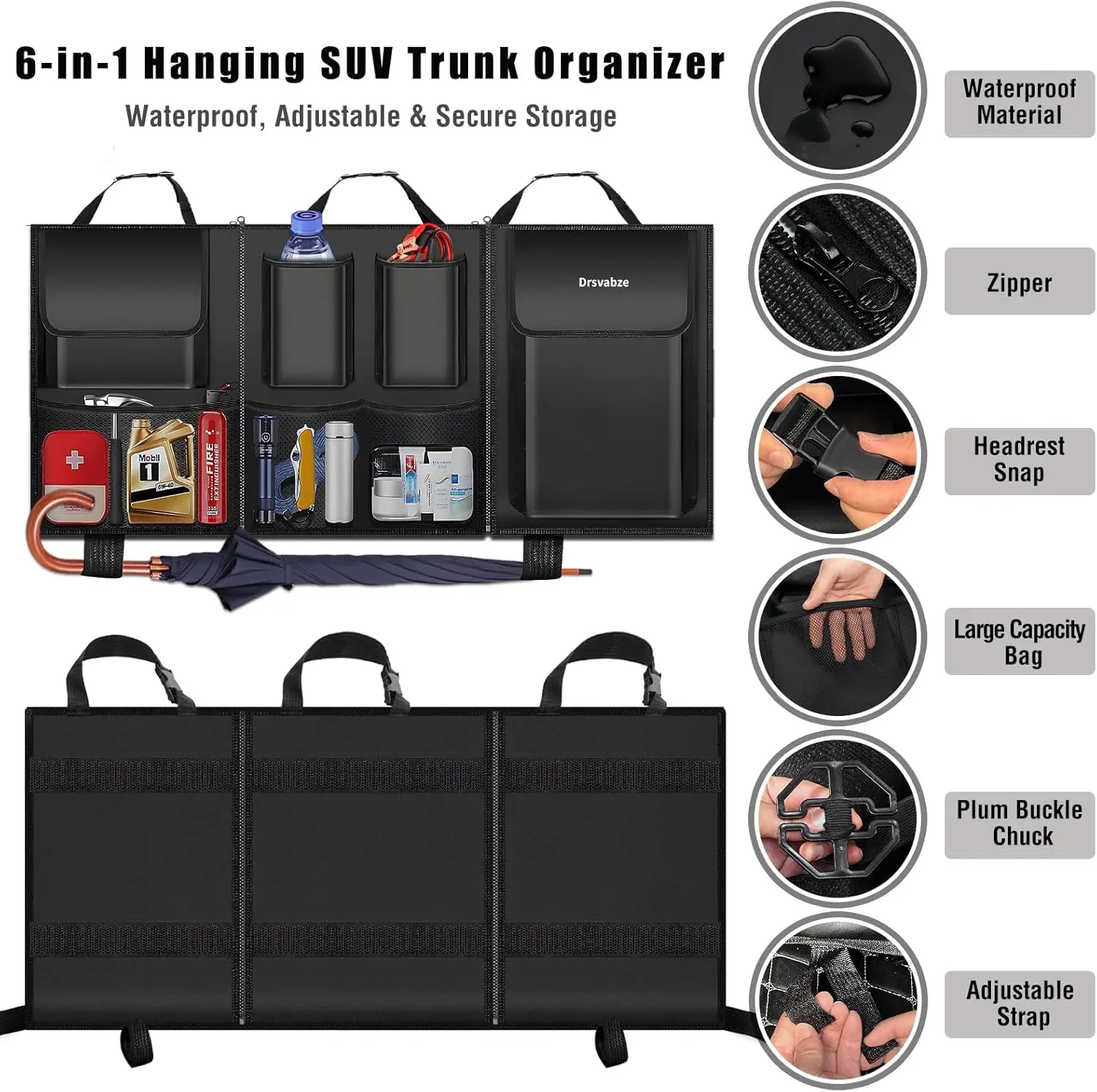 Hanging Trunk Organizer for SUV,Detachable Seat Back Design with Zipper,7 Pocket Storage,Waterproof and Scratch-Resistant Leathe thumbnail 6