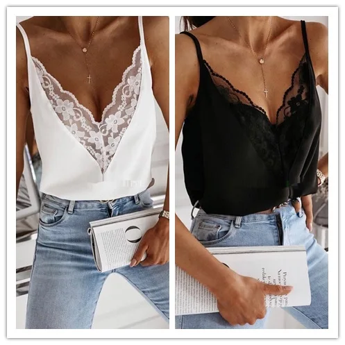 European and American style solid color sling, summer new lace splicing V-neck low-cut slim-fitting small sling thumbnail 2