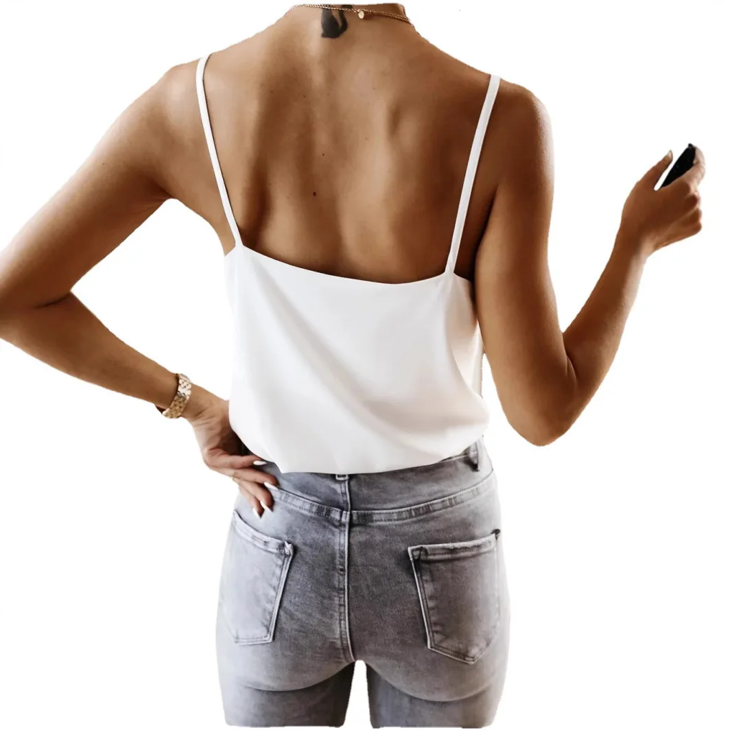 European and American style solid color sling, summer new lace splicing V-neck low-cut slim-fitting small sling thumbnail 5