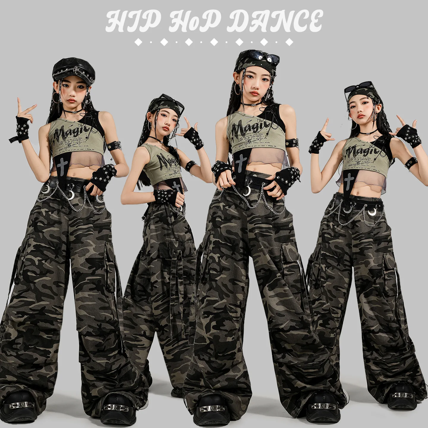 Girls K-pop Cool Crop Top Camouflage Cargo Pants Kids Hip Hop Streetwear Costume Child Jazz Girl Group Street Dance Clothes Sets