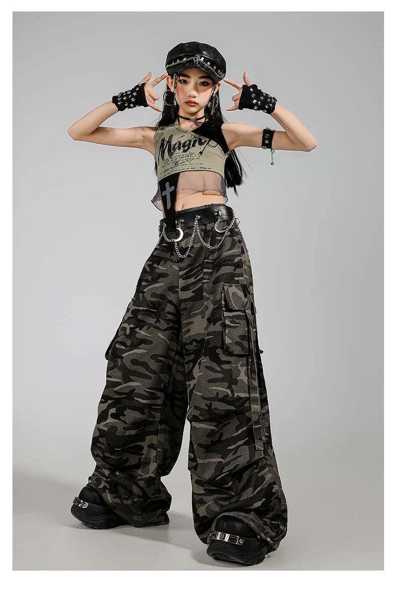Girls K-pop Cool Crop Top Camouflage Cargo Pants Kids Hip Hop Streetwear Costume Child Jazz Girl Group Street Dance Clothes Sets thumbnail 5