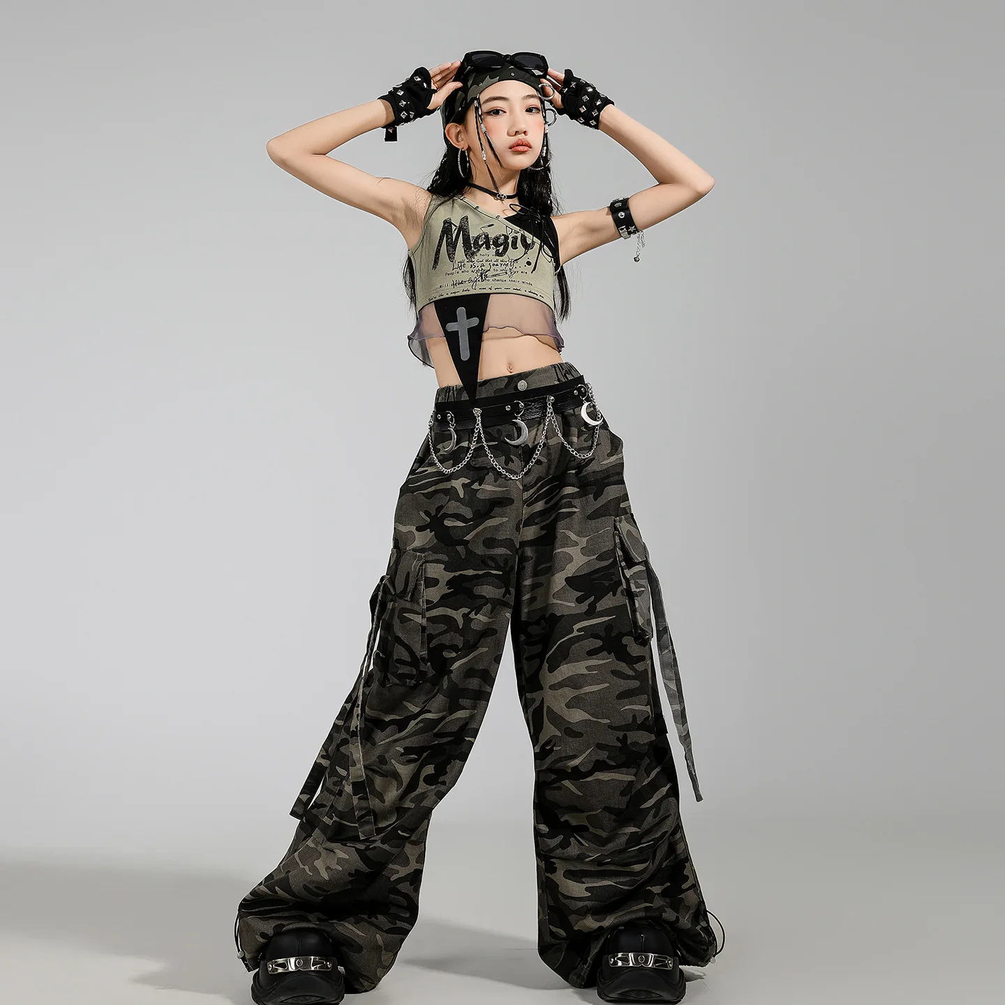 Girls K-pop Cool Crop Top Camouflage Cargo Pants Kids Hip Hop Streetwear Costume Child Jazz Girl Group Street Dance Clothes Sets thumbnail 3