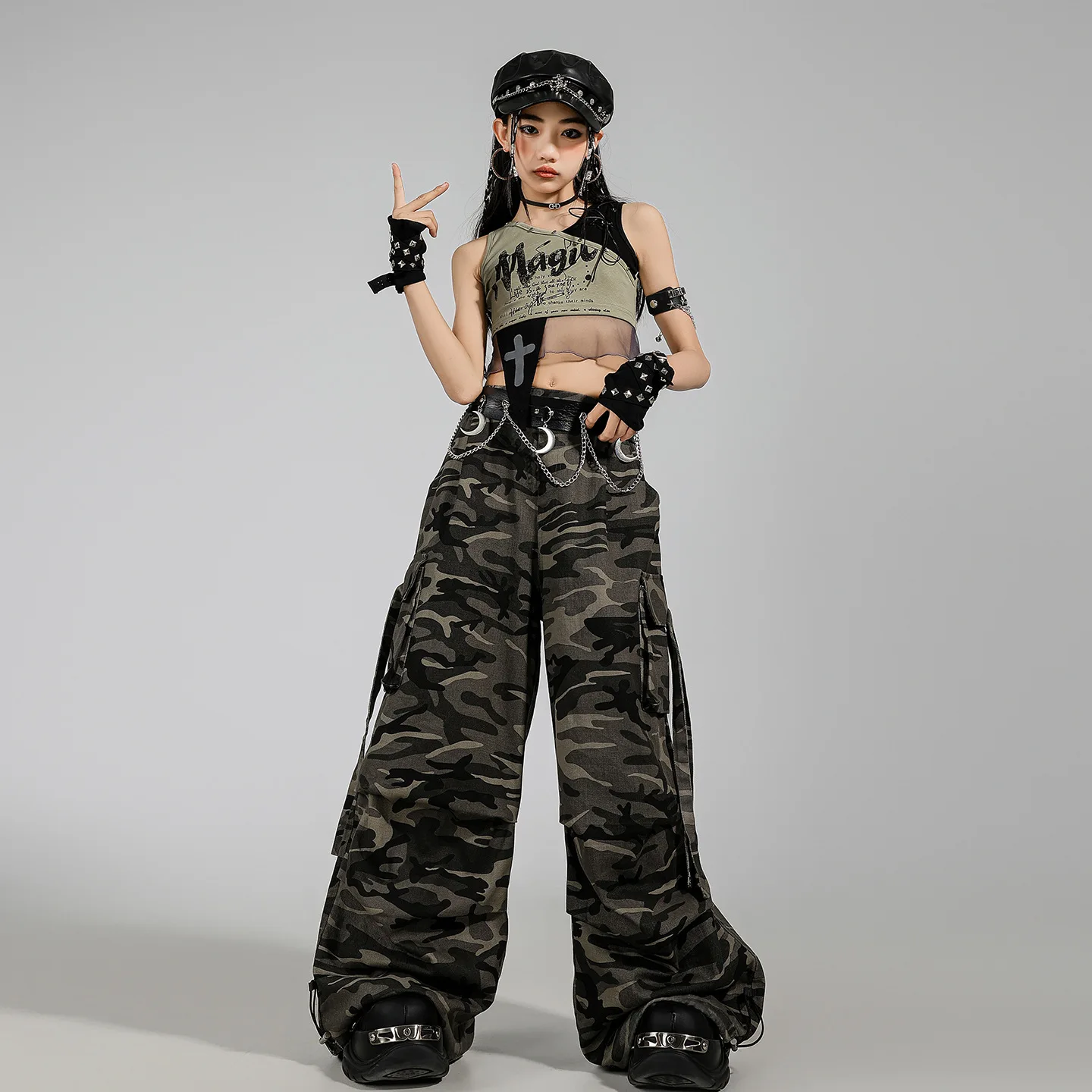 Girls K-pop Cool Crop Top Camouflage Cargo Pants Kids Hip Hop Streetwear Costume Child Jazz Girl Group Street Dance Clothes Sets thumbnail 4