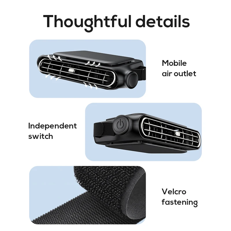 Car Seat Cooling Fan 3 Speed Adjustable 5V USB Headrest Air Cooler 3000mAh Rechargeable or Plug-in Backseat Ventilation Fan thumbnail 6