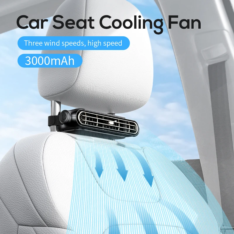 Car Seat Cooling Fan 3 Speed Adjustable 5V USB Headrest Air Cooler 3000mAh Rechargeable or Plug-in Backseat Ventilation Fan thumbnail 2