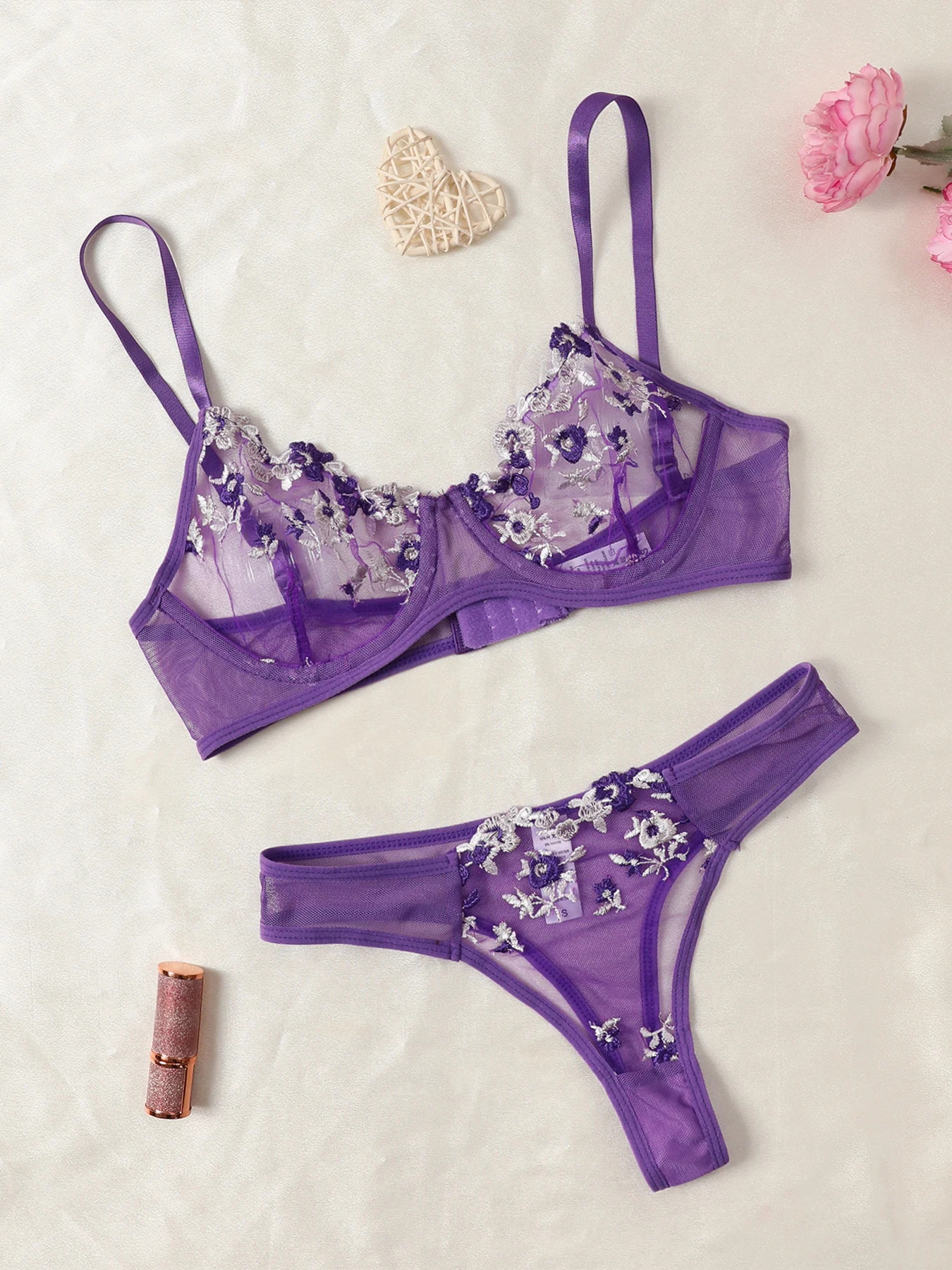 Purple Fancy Lingerie Set Female Underwear Embroidery Flower Bra And Panty Sets Women Outfits thumbnail 2