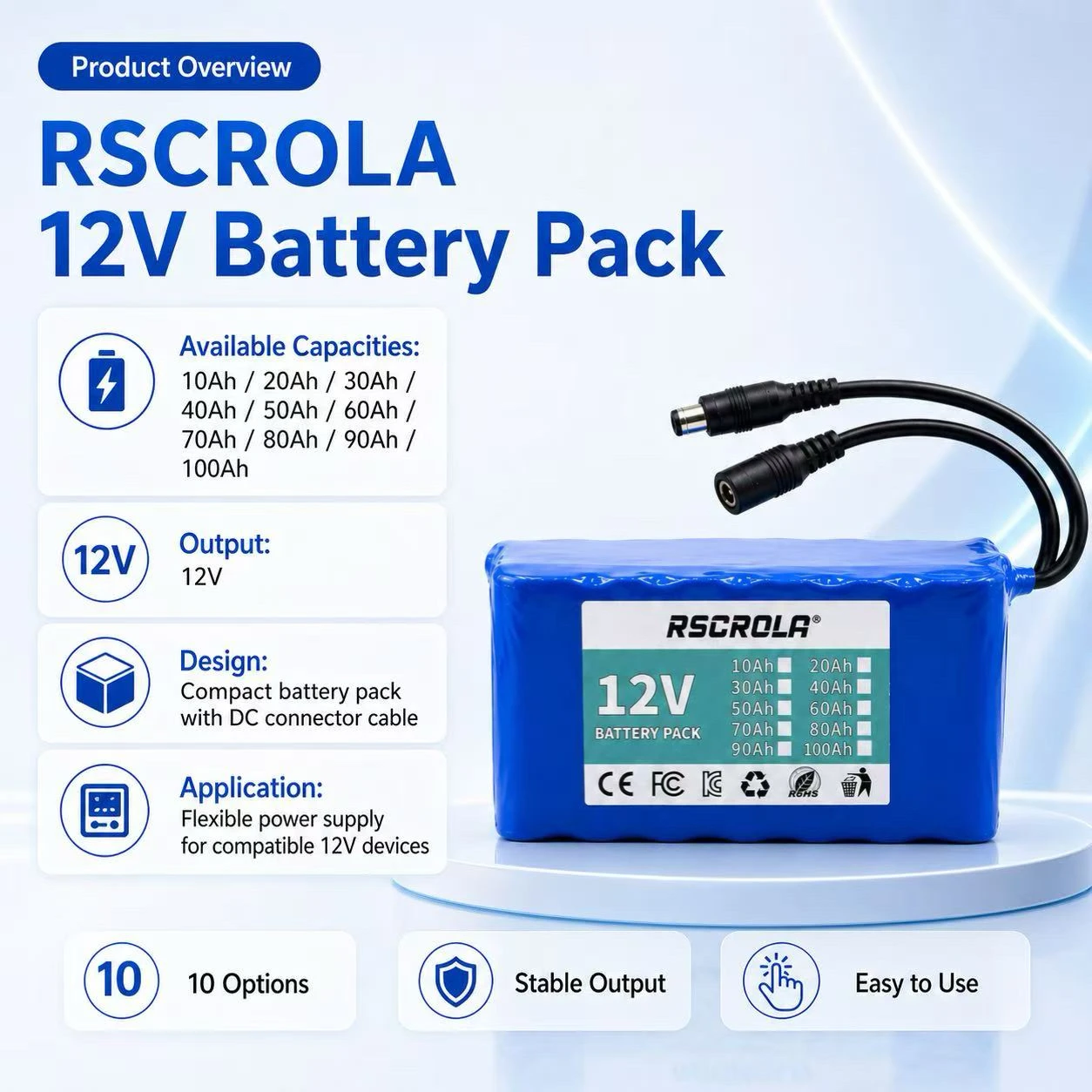 Rechargeable 12V 18650 Lithium Battery Pack with BMS, for Solar, LED Light, RC Model, Power Supply, Long Cycle Life with Charger thumbnail 2