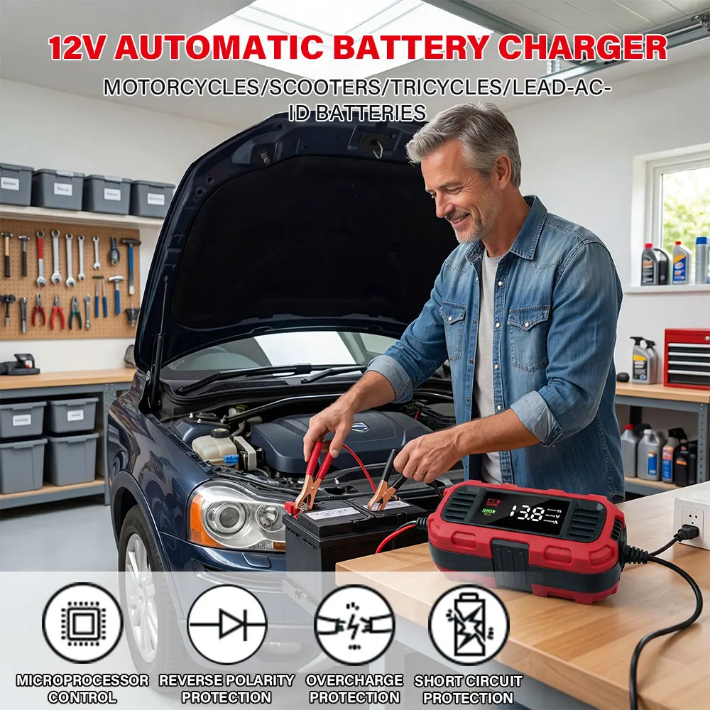 12V 2A Car Battery Charger Digital Display Smart Battery Charging Tool Battery Trickle Charger Maintainer for Car Truck Battery thumbnail 2