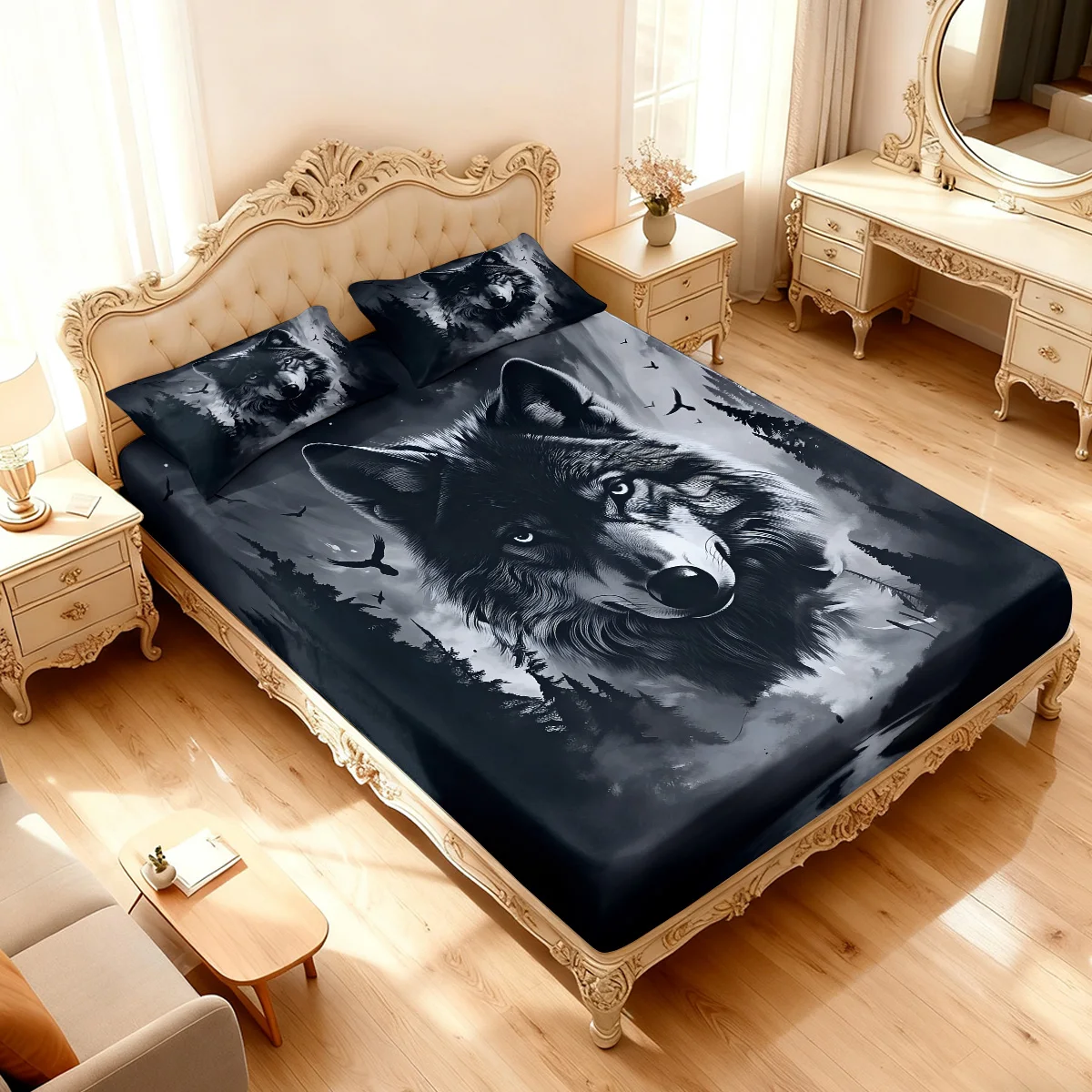 3pcs Fierce Wolf Printed Chipless Bed Sheet Set Multiple Sizes Soft and Comfortable Bedding Bedroom Decoration, Machine Washable thumbnail 3
