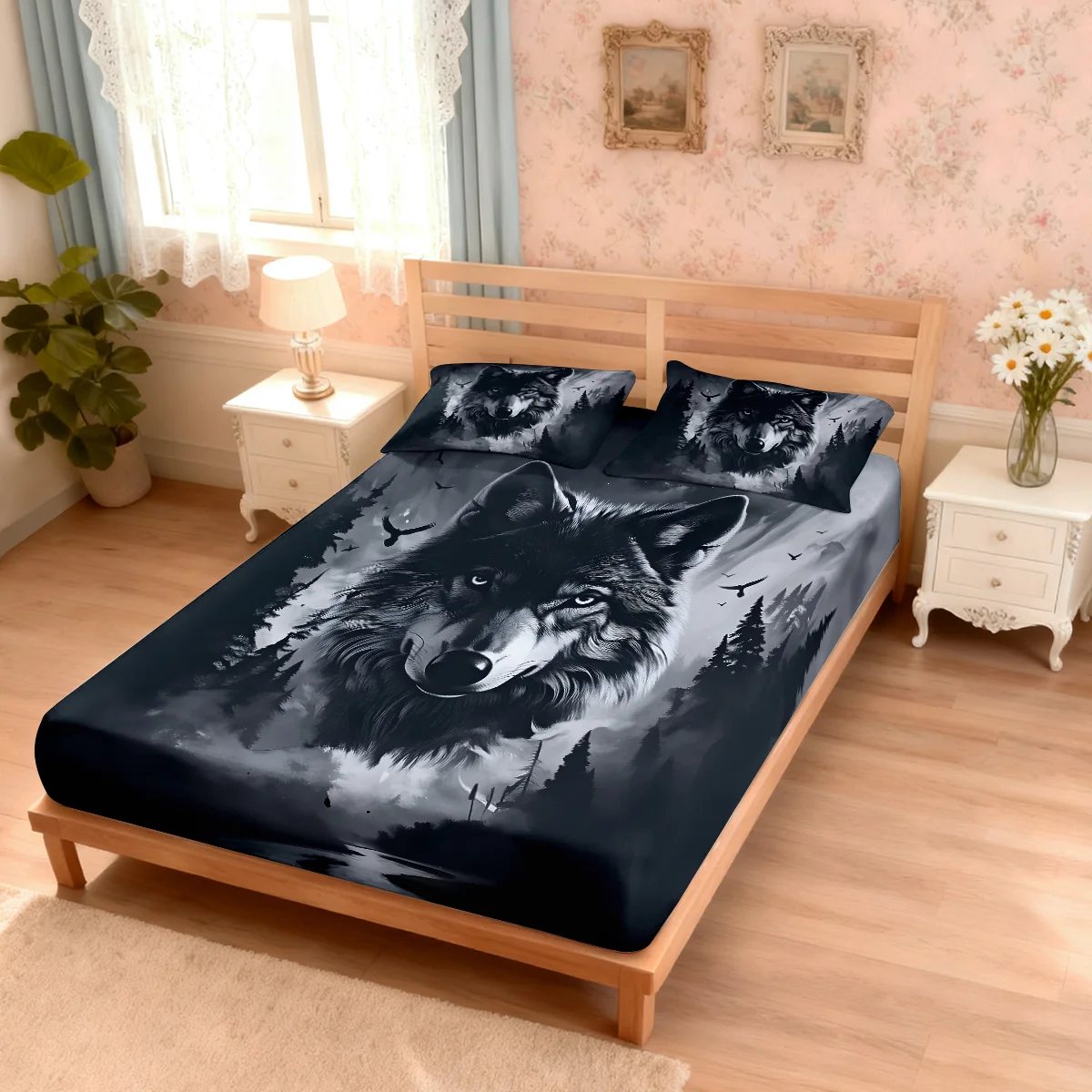 3pcs Fierce Wolf Printed Chipless Bed Sheet Set Multiple Sizes Soft and Comfortable Bedding Bedroom Decoration, Machine Washable thumbnail 2