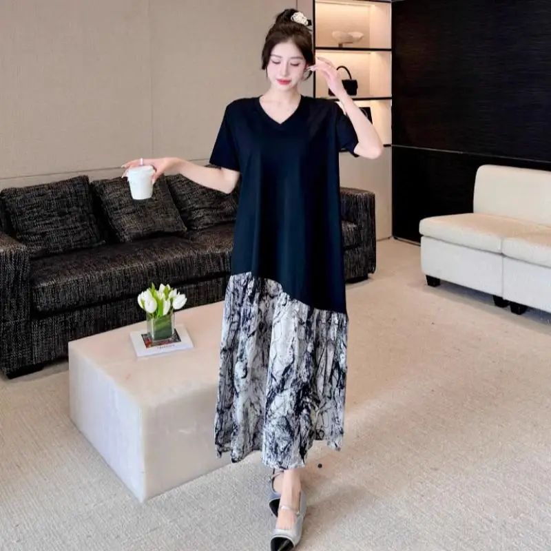 Loose Contrast Patchwork Plus Size Casual Dresses Women Clothing New Short Sleeve High Street Midi Dress Fashion Korean Summer thumbnail 5