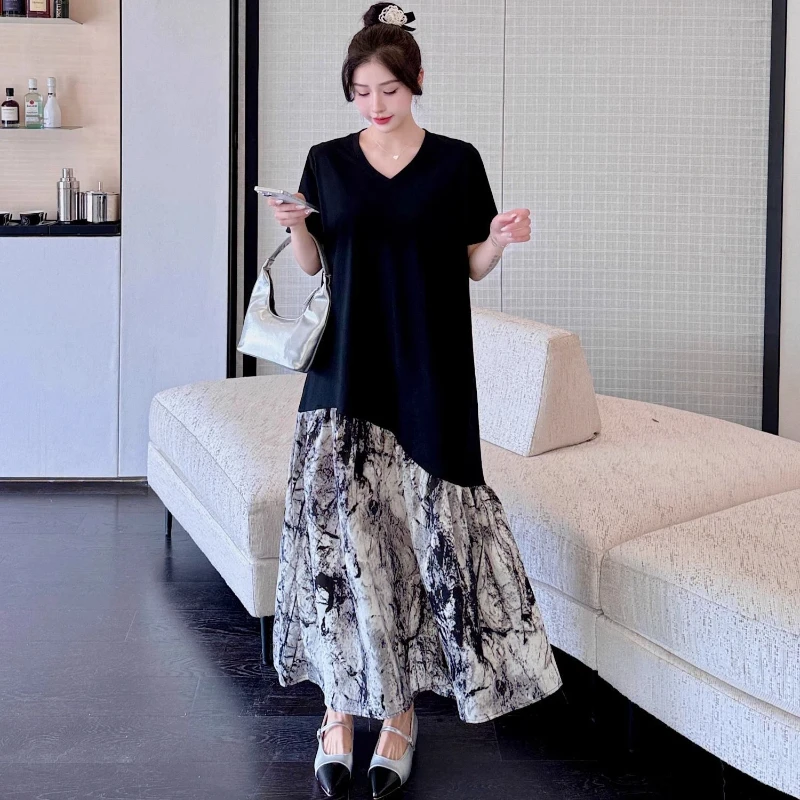 Loose Contrast Patchwork Plus Size Casual Dresses Women Clothing New Short Sleeve High Street Midi Dress Fashion Korean Summer